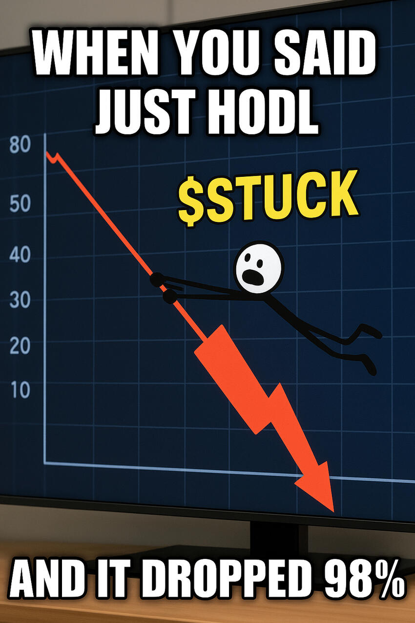 A stick figure clings to a crashing candlestick as $STUCK plummets on a price chart. Meme-style caption reads: “WHEN YOU SAID JUST HODL… AND IT DROPPED 98%.” A Solana degen’s worst-case scenario turned meme gold.