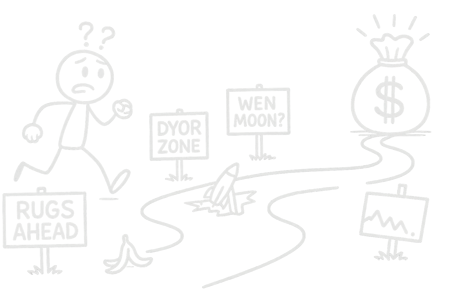Degen Roadmap – The Journey of Getting Stuck (and Unstuck) Cartoon-style stick figure running along a chaotic roadmap labeled with meme coin traps like “Rugs Ahead,” “DYOR Zone,” and “WEN MOON?” The winding path ends at a giant glowing money bag while obstacles like banana peels and broken charts appear along the
