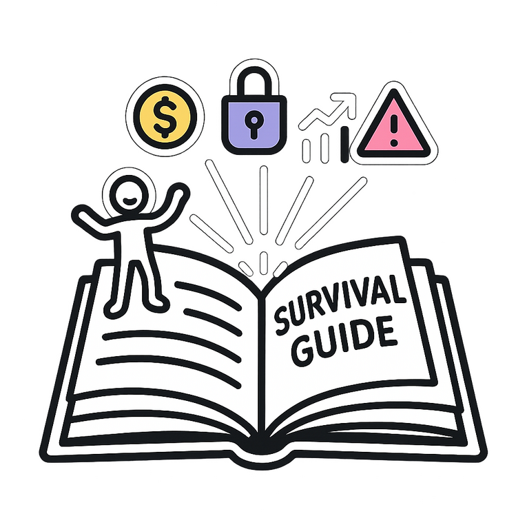 Crypto Survival Guide – Learn Like a Degen, Level Up Like a Pro Cartoon-style open book labeled “Survival Guide” glowing with icons above it: a gold coin, Solana logo, alert triangle, and chart emoji. Surrounded by bold black stick figures in the background, symbolizing a crypto learning community. Represents beginner-